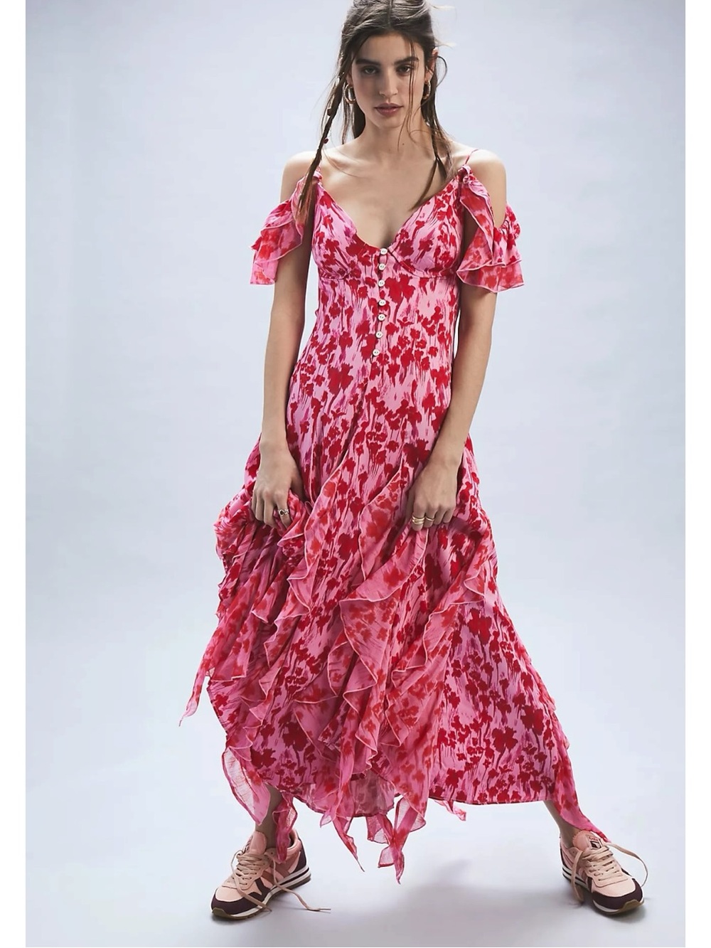 Free People Flowy Bohemian Endless Cascades Maxi Dress Size Large Ruffles Summer